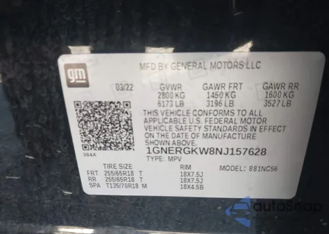 2022 Chevrolet Traverse Fwd Lt Cloth из США, поврежденный, VIN 1GNERGKW8NJ157628